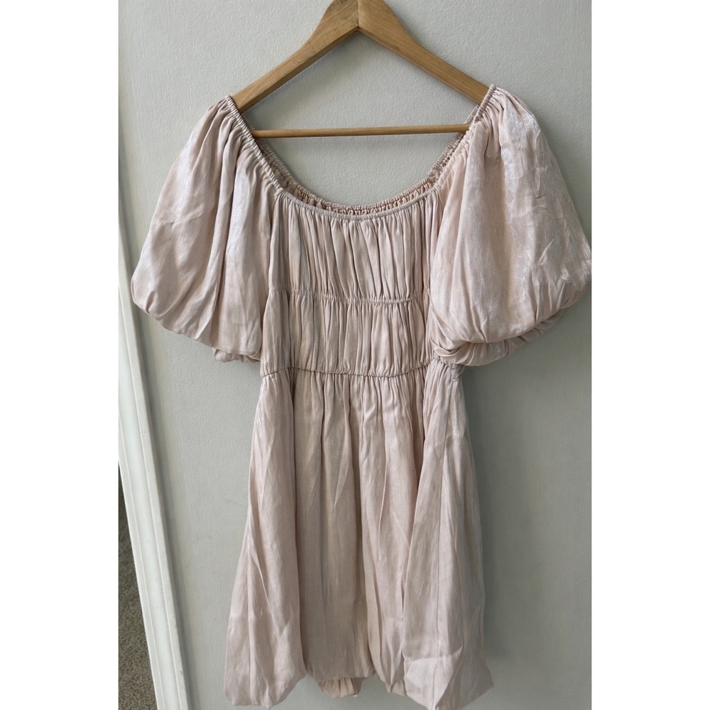 Pink Lily Champagne Blush Smocked Puff Sleeve Mini Dress Small